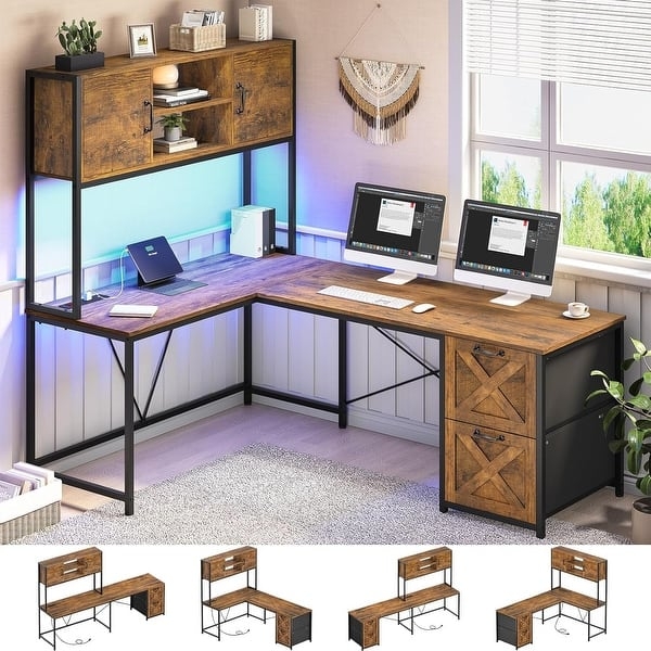 Industrial Corner Gaming Desk with Hutch, LED and X-Brace Details