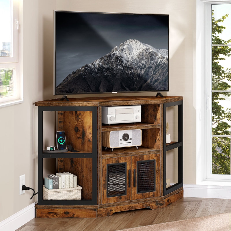 Industrial Corner TV Stand with Mesh Doors and Integrated Charging