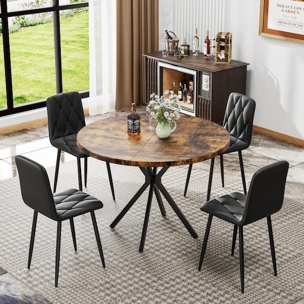 Industrial Dining Set Round Distressed Table Diamond Quilted Chairs