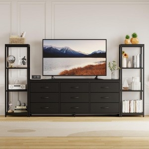 Industrial Entertainment Center Set with Nine Drawers and Bookcases.