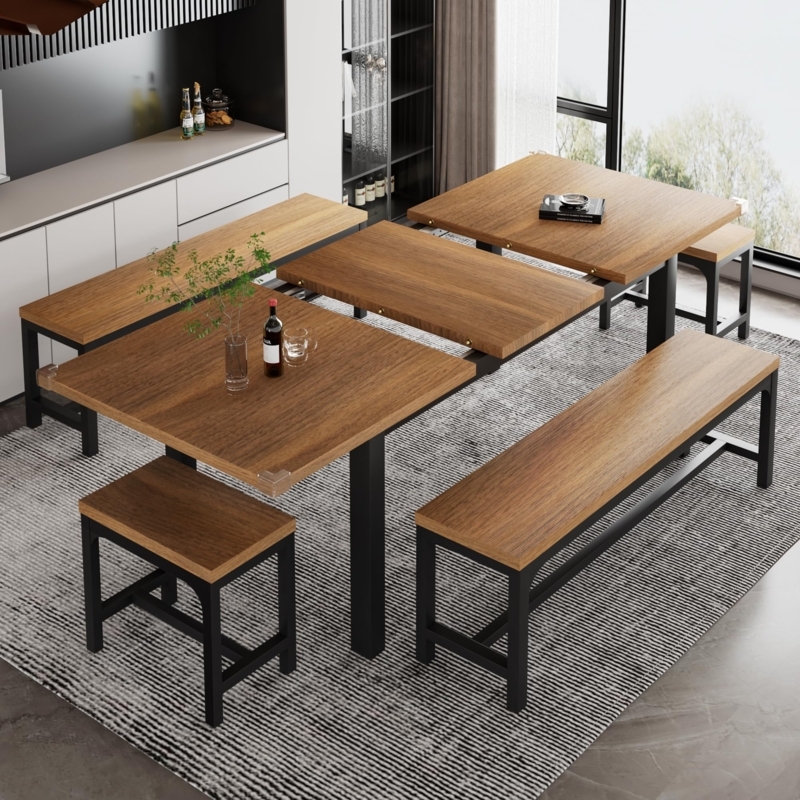 Industrial Extendable Dining Set with Benches and Stools