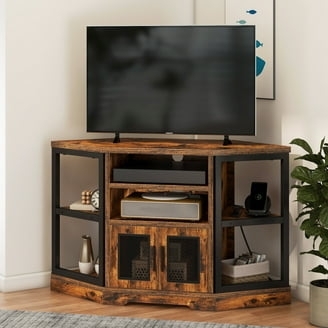 Industrial Farmhouse TV Stand, Wood & Metal with Mesh Doors
