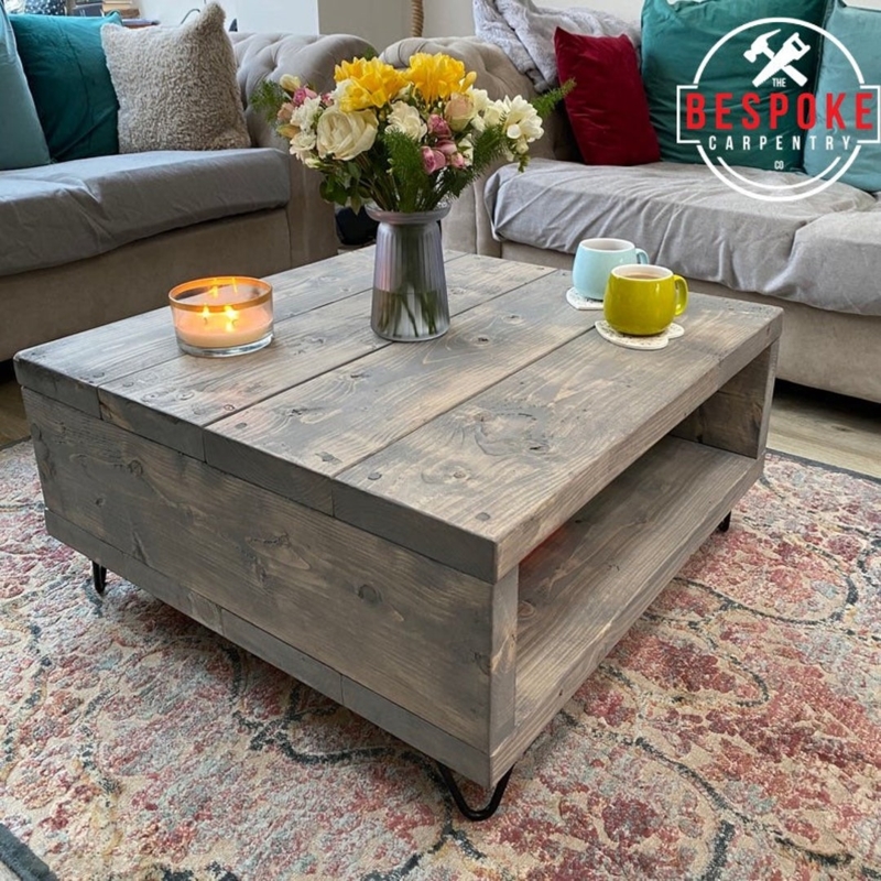 Industrial Hairpin Leg Storage Table with Grey Washed Plank Top