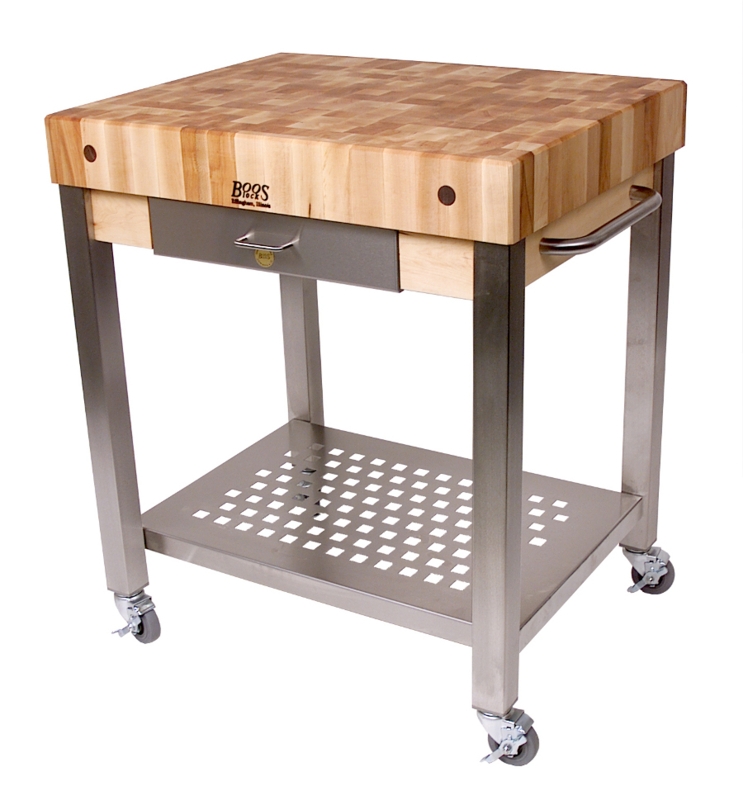 Industrial Kitchen Cart with End Grain Top and Perforated Shelf