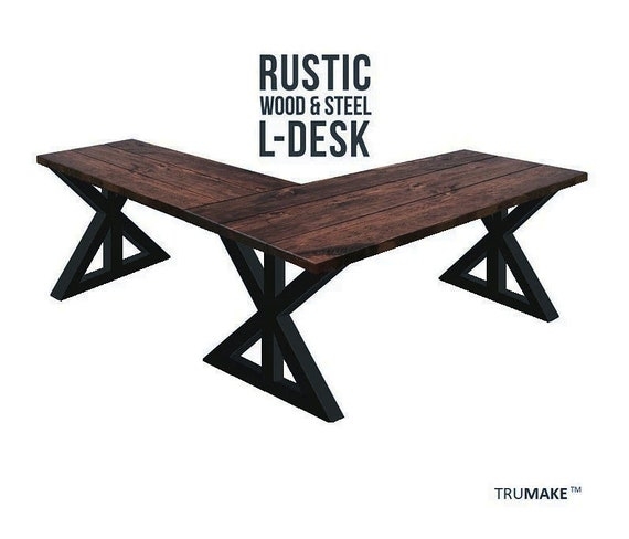 Industrial L-Shaped Corner Desk with Metal Frame and X-Brace Side