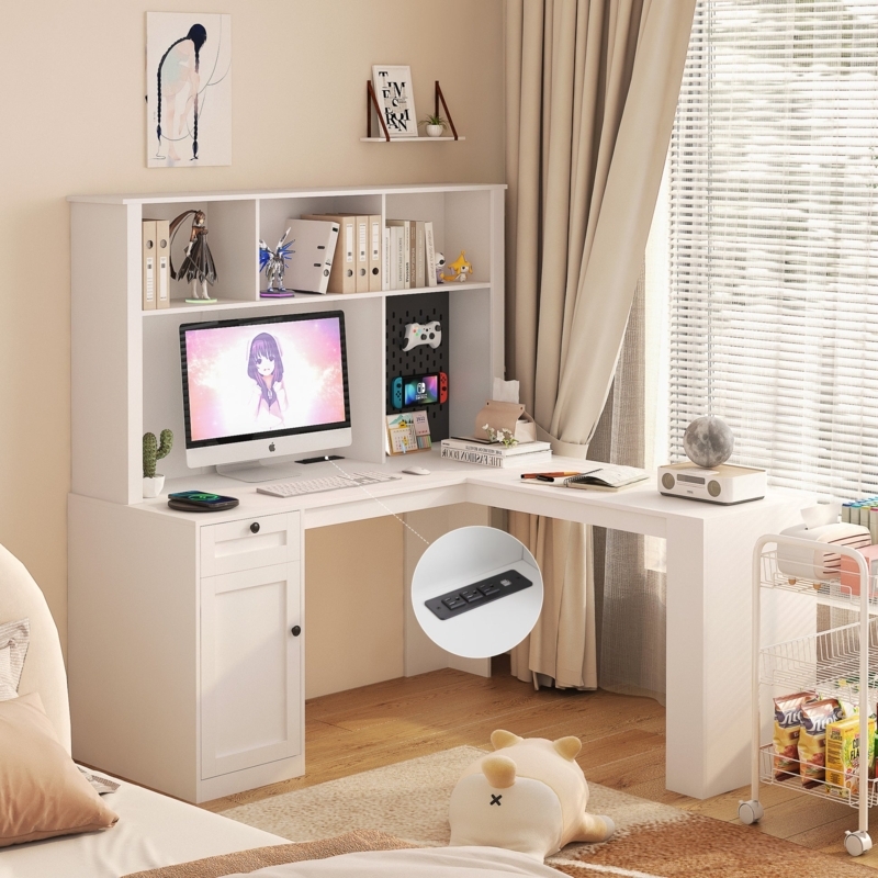 Industrial L-Shaped Desk with Integrated Hutch and Power Outlets