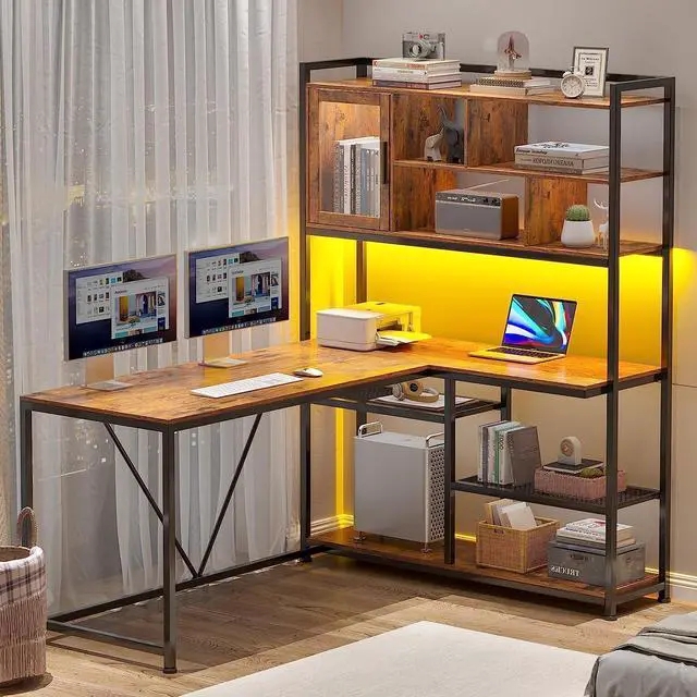 Industrial L-shaped Desk with Integrated LED Lighting and Power Strip