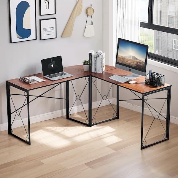 Industrial L-Shaped Desk with X-Cross Bracing and Corner Wedge