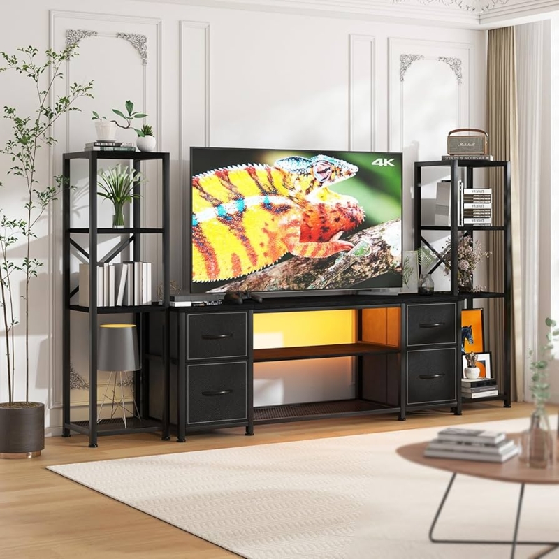 Industrial LED Entertainment Center Set with Fabric Storage Drawers