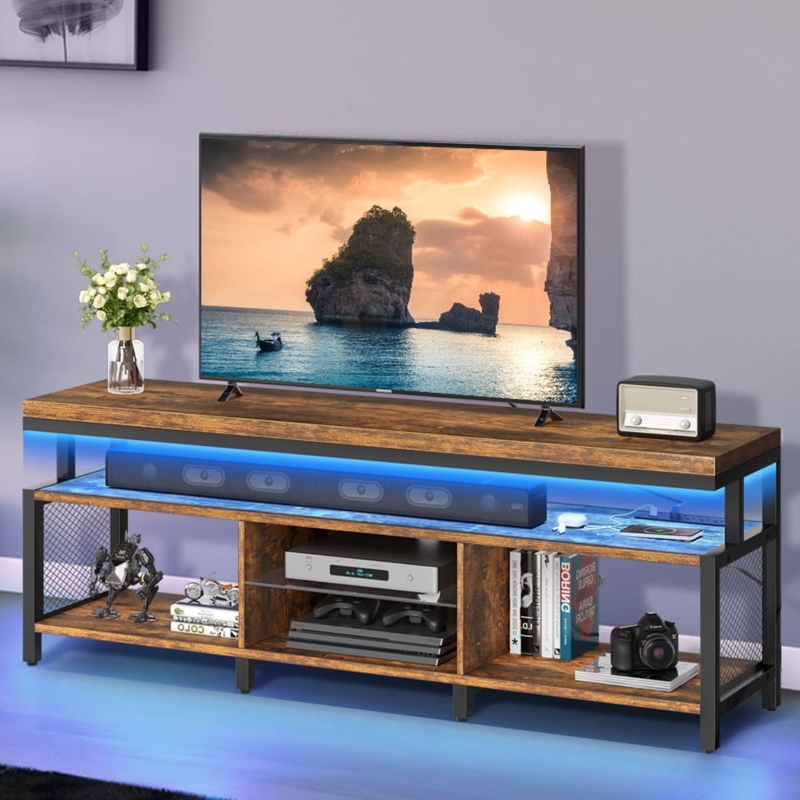Industrial LED TV stand with blue lighting and power outlets.