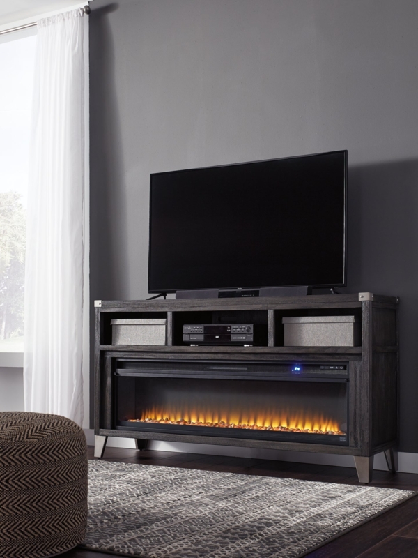Industrial Media Console Charcoal Grey Angled Metal Legs Fireplace