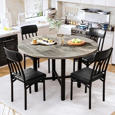 Industrial Modern Dining Set with Round Weathered Top & Slat Backs