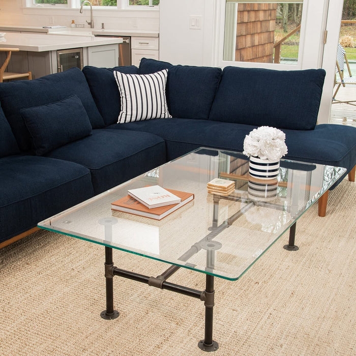 Industrial Pipe Coffee Table with Rectangular Tempered Glass Top