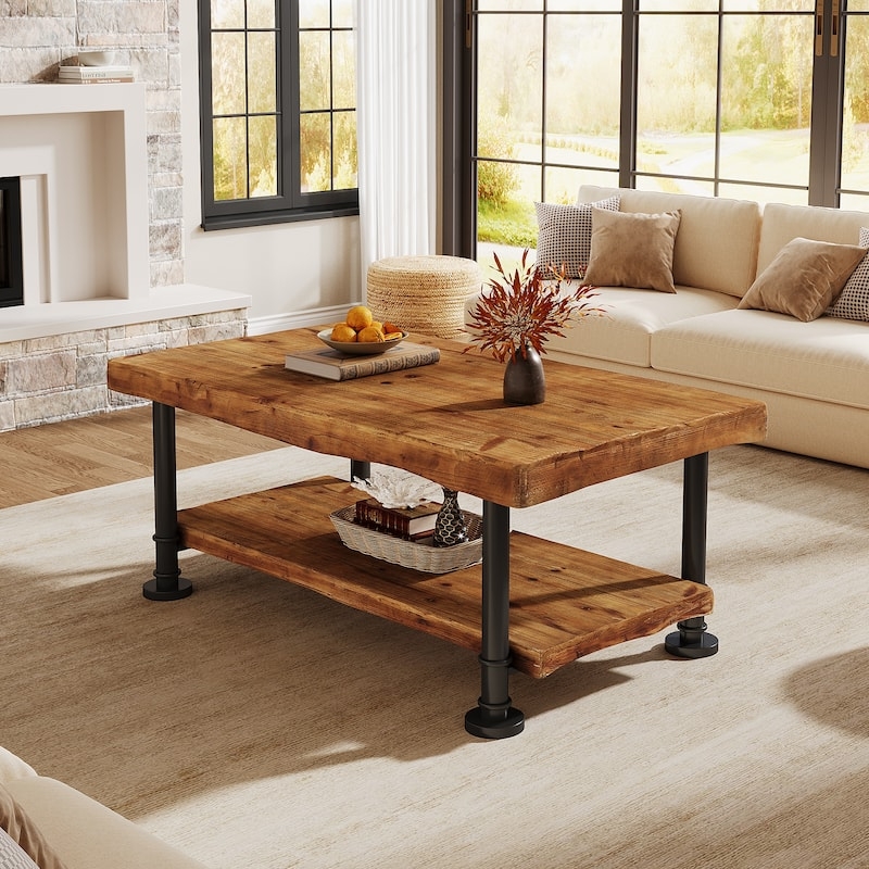 Industrial Pipe Coffee Table with Thick Wood Plank Top and Lower Shelf