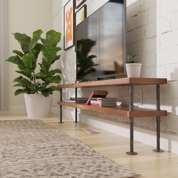 Industrial Pipe Tv Stand with Flange Feet and Open Shelves
