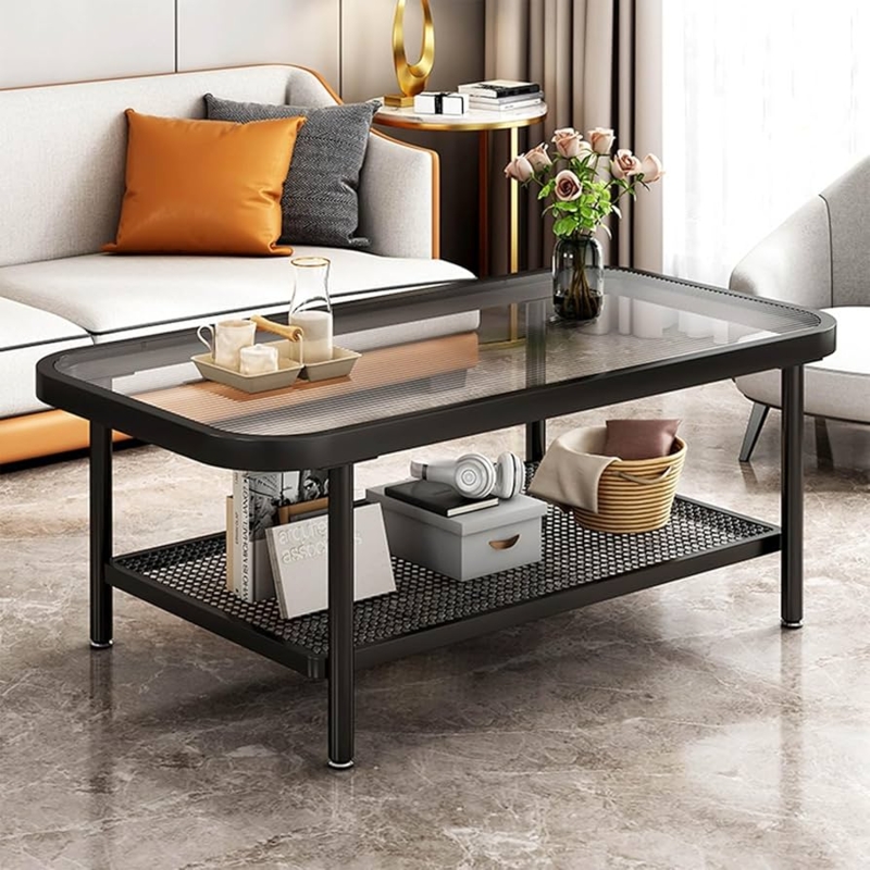 Industrial Rectangular Coffee Table with Reeded Glass Top and Mesh Shelf