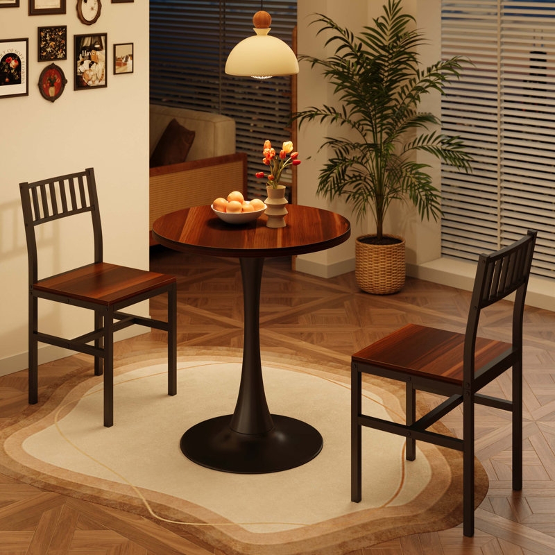 Industrial Round Dining Set featuring Dark Wood and Black Slatted Chairs
