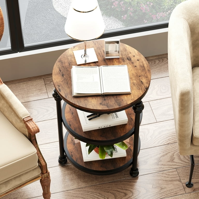 Industrial Round End Table Middle Drawer Mesh Bottom Tier Storage