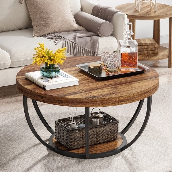 Industrial Round Table, Rustic 2-Tier Wood Top, Curved Black Metal Frame