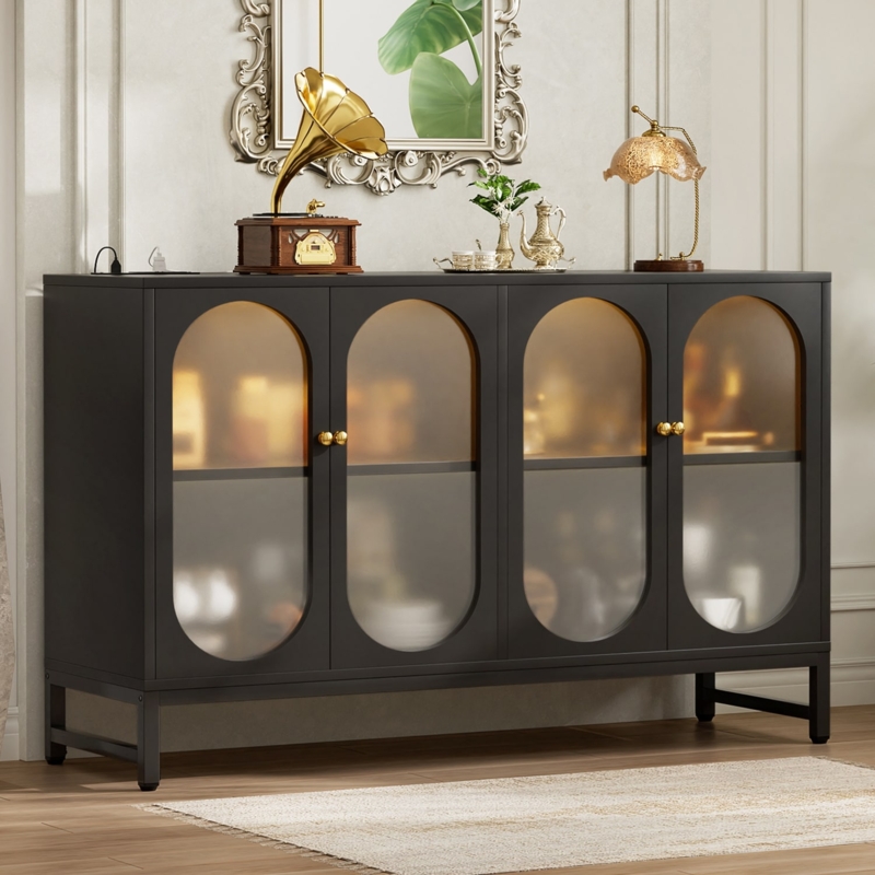 Industrial Sideboard Mesh Doors LED Lighting X-Brace Sides