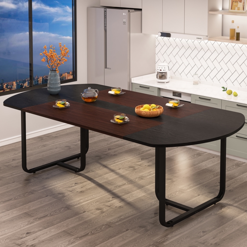 Industrial Spliced Wood Dining Table with Black Metal U-Shaped Legs