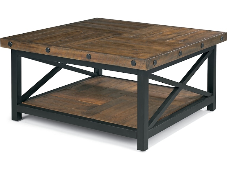 Industrial Square Coffee Table Wood Planks Metal Frame Cross Bracing