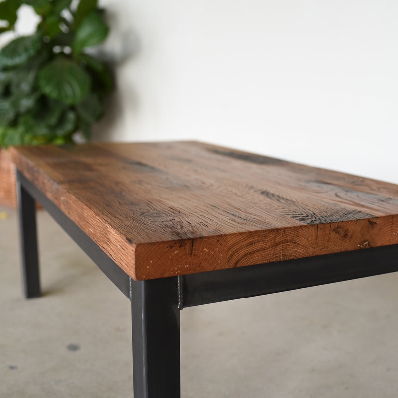 Industrial Steel Coffee Table Thick Wood Top Visible Weld Details