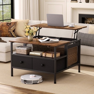 Industrial Style Lift Top Coffee Table, Dual-Level Surface with Drawers