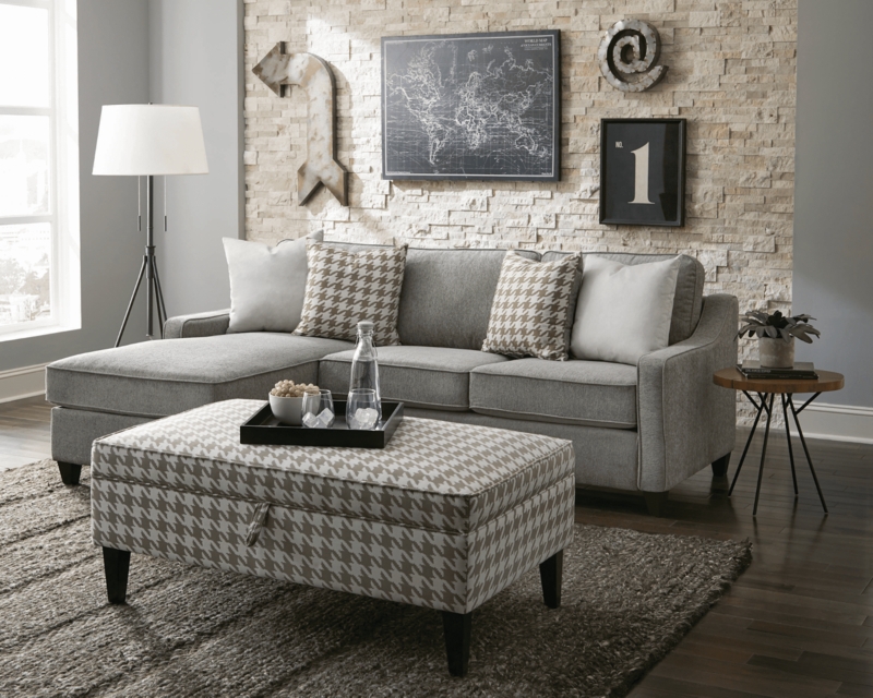 Industrial Style Sectional Sofa with Houndstooth Storage Ottoman