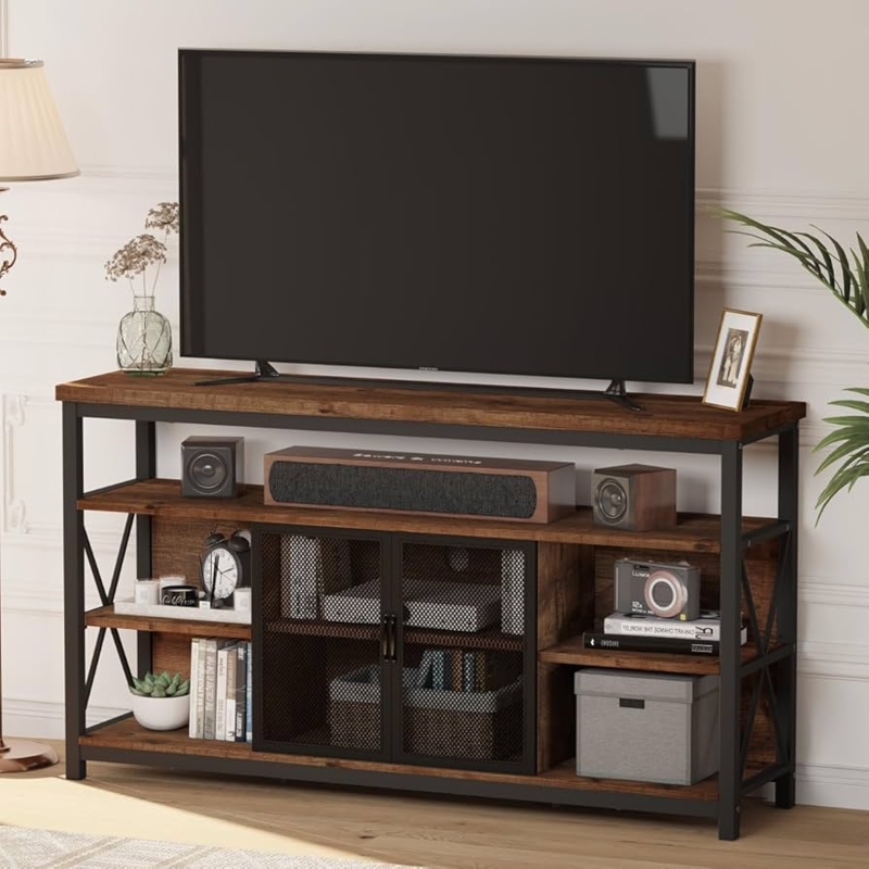 Industrial Tall TV Stand with Mesh Cabinet Doors and Mixed Material