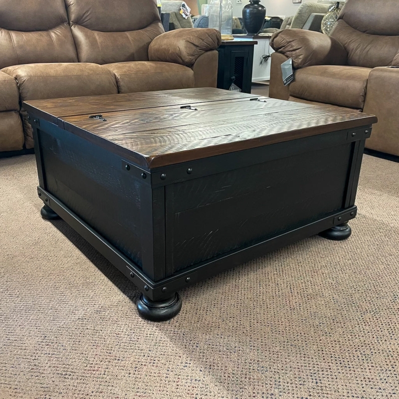 Industrial Trunk Coffee Table with Lift Top, Rivet Details and Bun Feet
