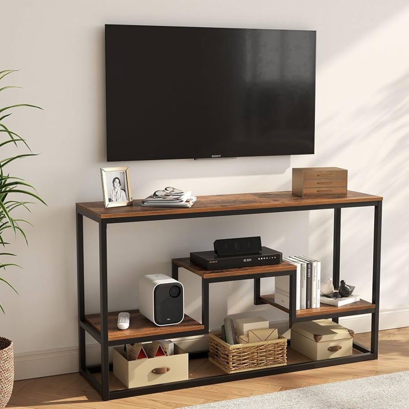 Industrial TV Stand Asymmetrical Open Shelving Tiered Tall Console
