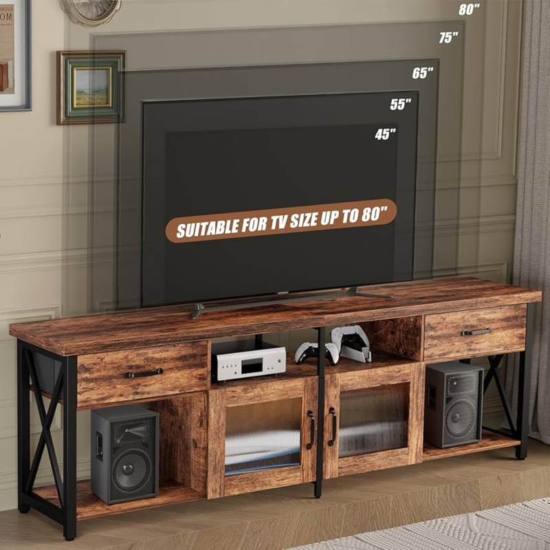 Industrial TV Stand Fluted Glass Doors X-Frame Metal Sides Long Console