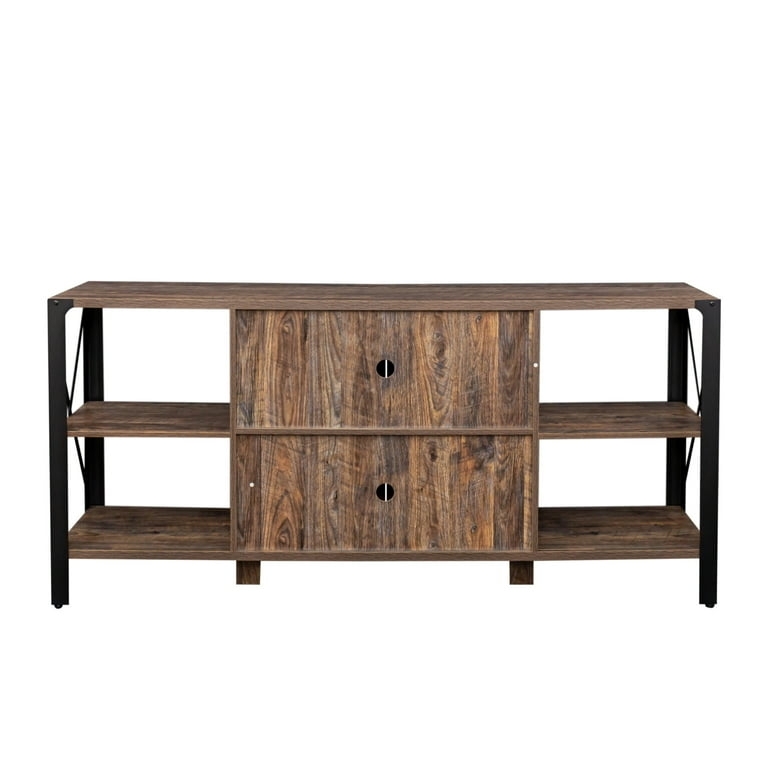 Industrial TV stand metal frame with dark brown sliding doors.