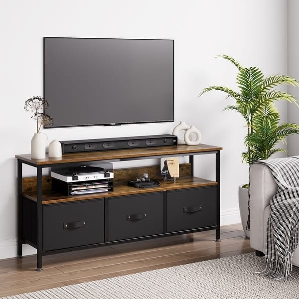 Industrial TV Stand with Black Metal Frame and Fabric Storage Bins