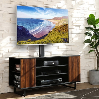 Industrial TV stand with mount, wood and metal storage.