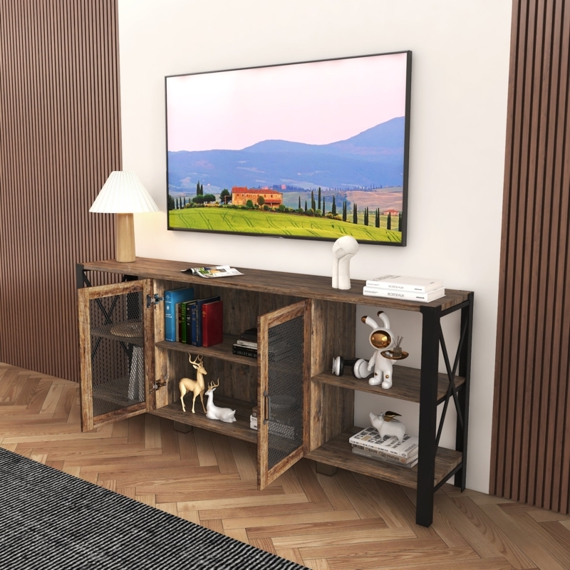 Industrial TV stand with X-frame metal and wood tones.