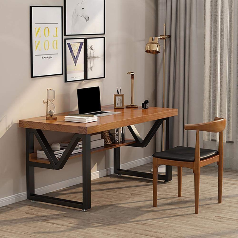 Industrial Writing Desk featuring V-Shaped Metal Supports and Lower Shelf