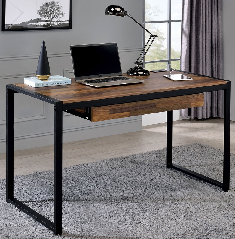 Industrial Writing Desk in Dark Oak with Integrated Power and Sled Base