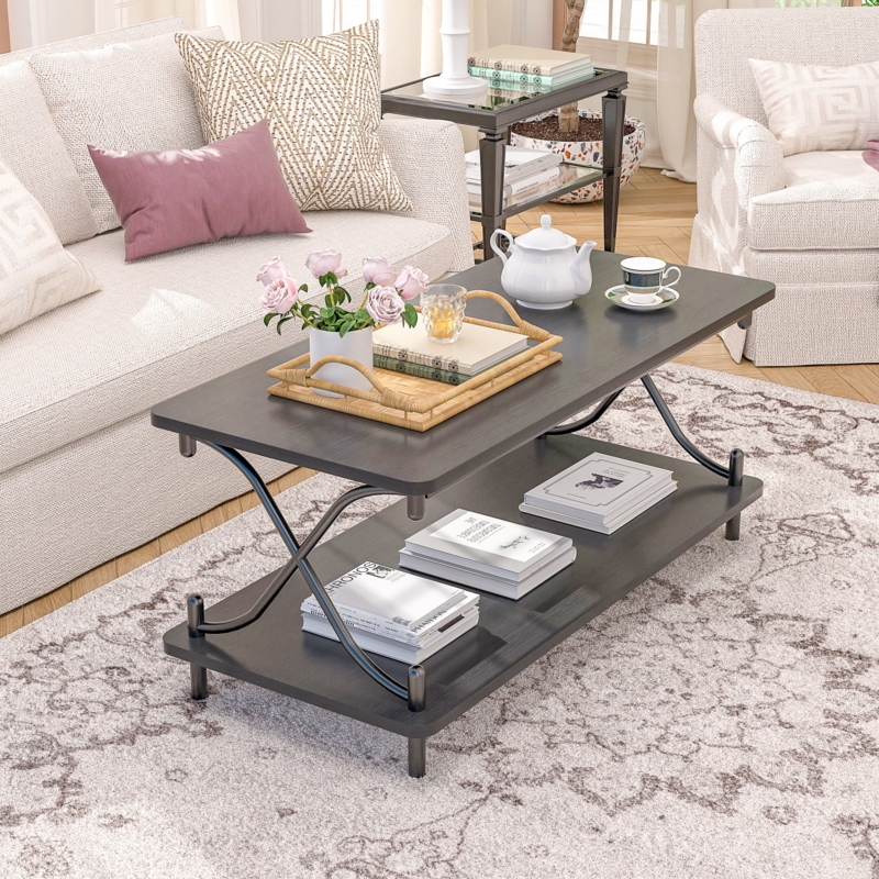 Industrial X-Frame Coffee Table Dark Wood with Storage Shelf