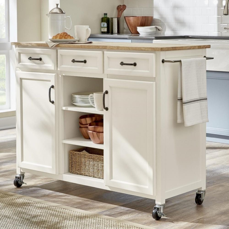 Ivory Kitchen Island with Butcher Block Top and Mixed Storage