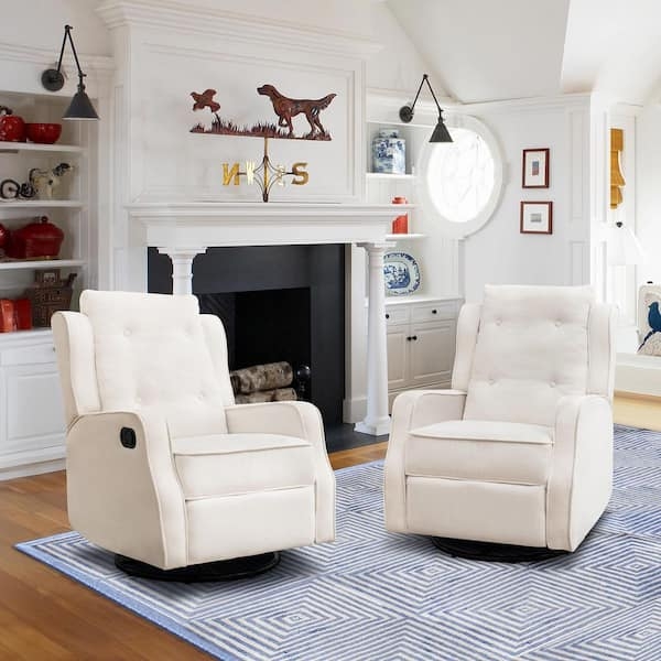 Ivory Swivel Glider Recliner with Wingback Silhouette and Linen Weave