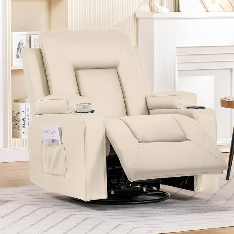 Ivory Swivel Rocker Recliner with Cup Holders and Side Pocket