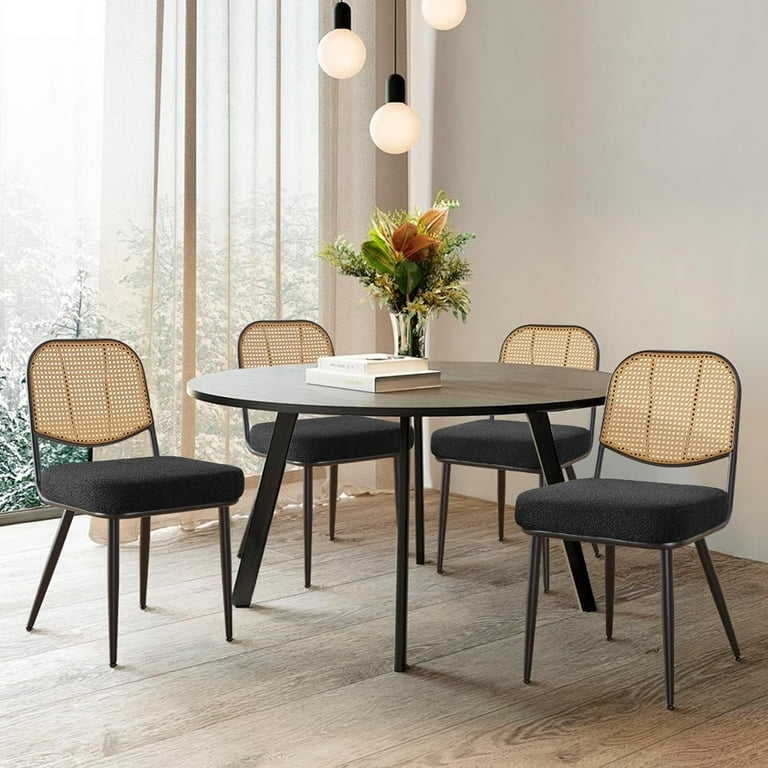 Japandi Boucle Dining Chair Set, Rattan Back Black Metal Frame