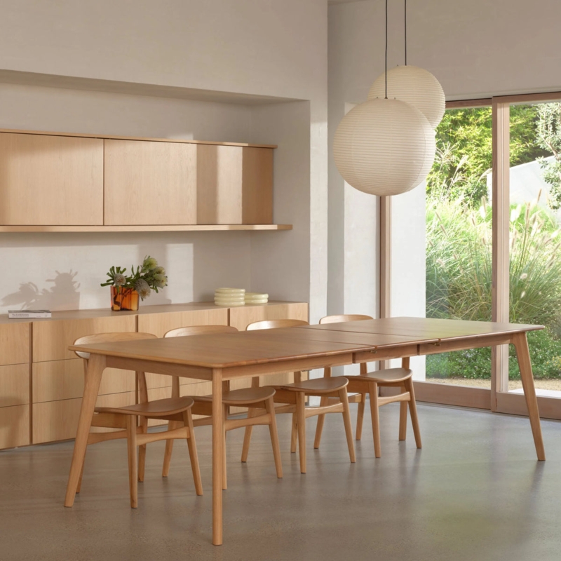 Japandi Dining Table Extendable Tapered Legs Curved Back Chairs