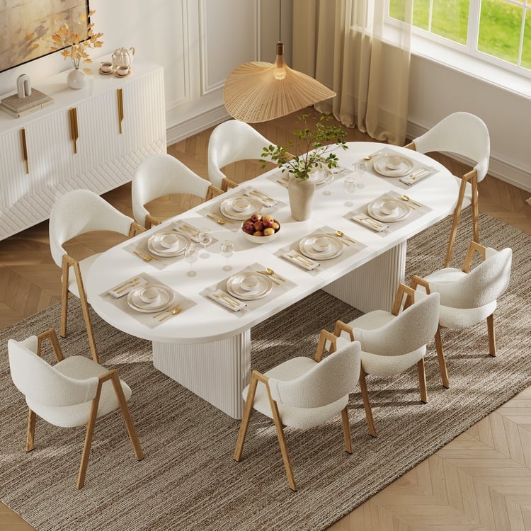 Japandi Dining Table: White Oval Top with Ribbed Pedestal Base