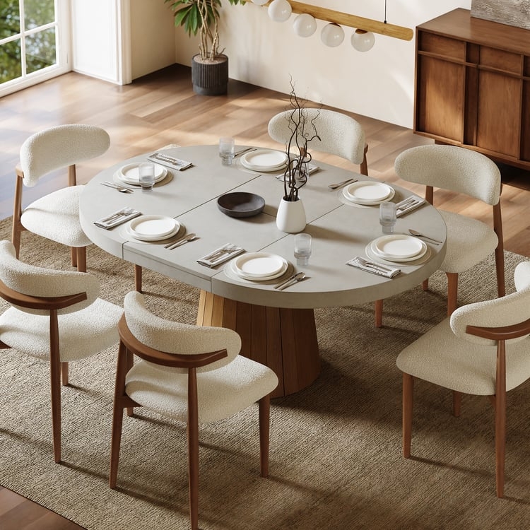 Japandi Extendable Dining Table featuring Ribbed Pedestal Base