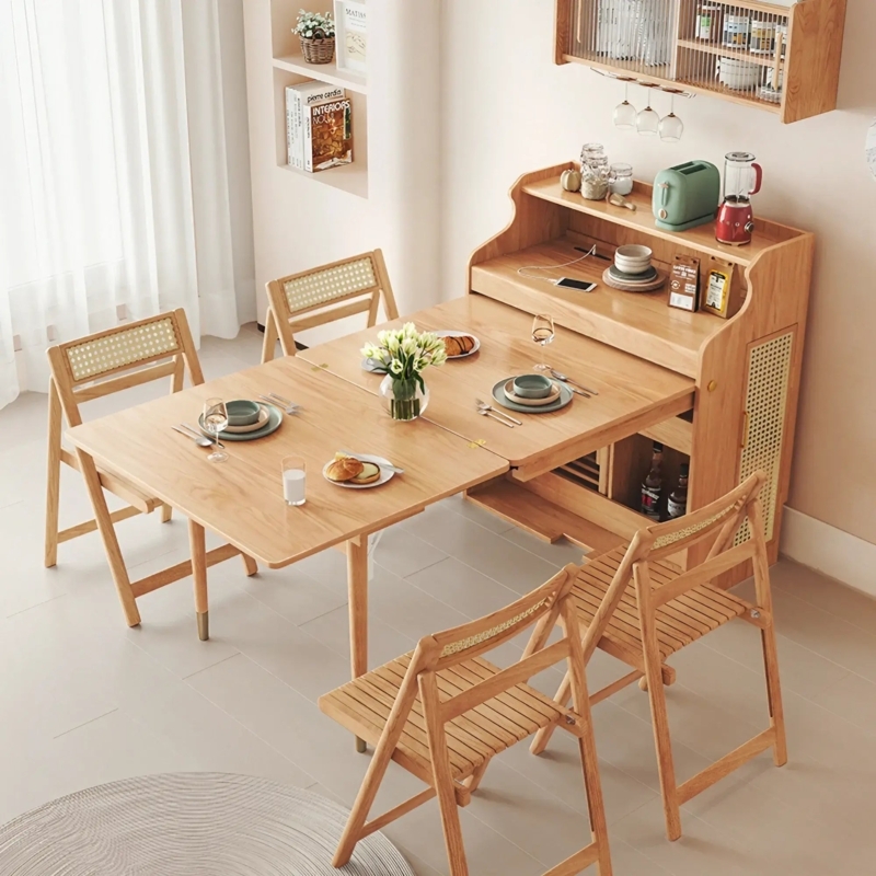 Japandi Folding Dining Table With Integrated Sideboard Hutch