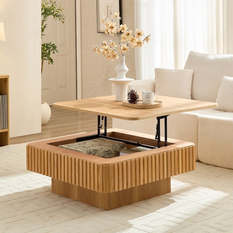 Japandi Lift Top Coffee Table Light Wood Ribbed Base Hidden Storage