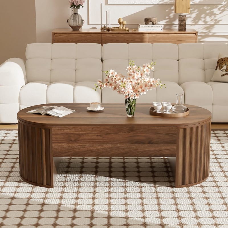 Japandi Oval Coffee Table Lift Top Fluted Pedestal Base
